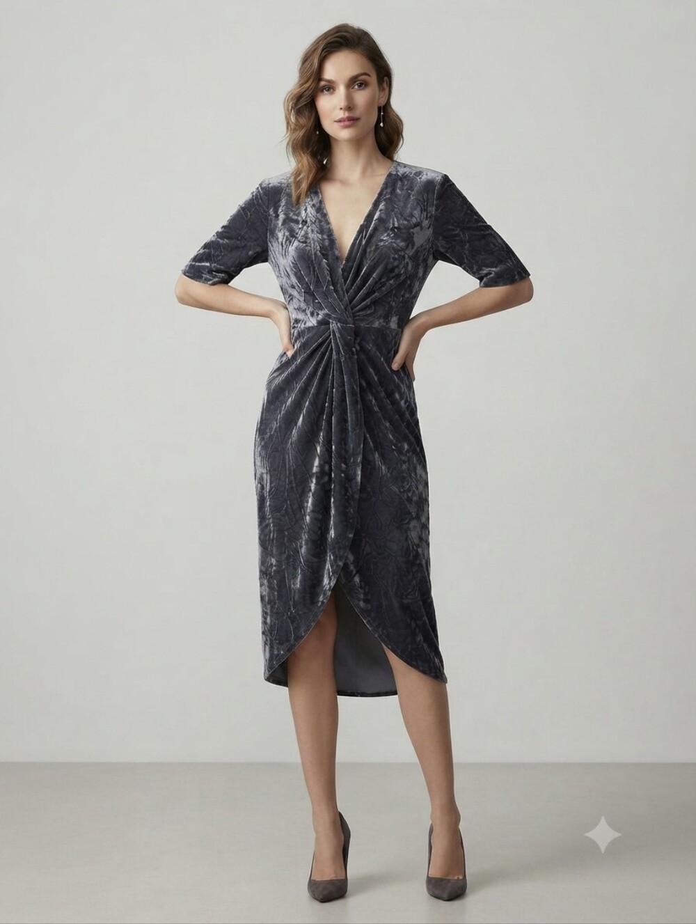 KAYLYNSHOP Grey Crushed Velvet V-Neck Cinched Front Hi-Low Dress Size L